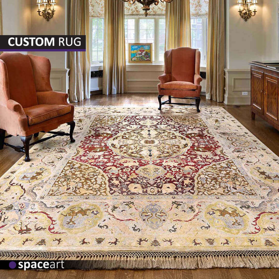 Exquisite handcrafted custom silk rug with intricate patterns, showcasing luxury and elegance in a modern interior setting. Available in Lebanon, Jordan, Iraq, UAE, Kuwait, Saudi Arabia, Qatar, Oman, Egypt, Nigeria, South Africa, Cyprus, Canada, and the USA.