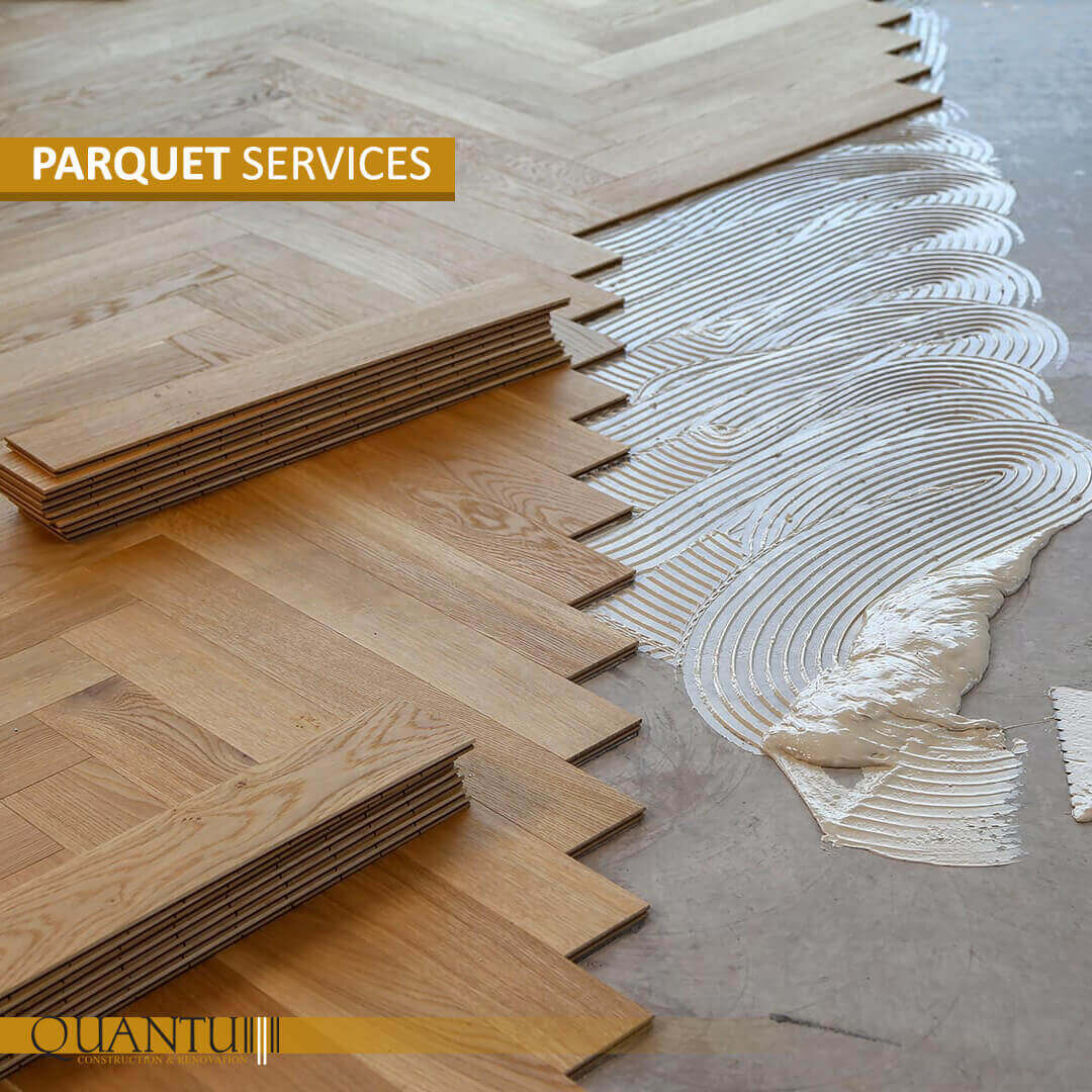 Floor parquet services by Quantum, professional parquet installation and repair.