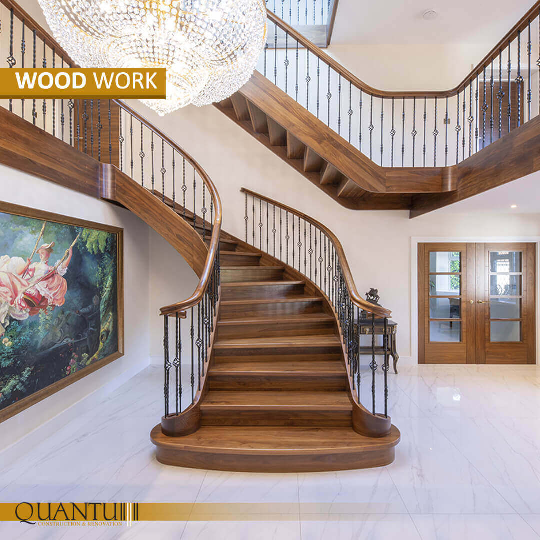 Luxury wood stairs by Quantum, showcasing exquisite craftsmanship, timeless design, and bespoke customization for residential and commercial spaces. Available in Lebanon, Jordan, Iraq, UAE, Kuwait, Saudi Arabia, Qatar, Oman, Egypt, Nigeria, South Africa, Cyprus, Canada, and the USA.